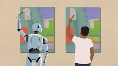 A robot and a person painting abstract art side-by-side.