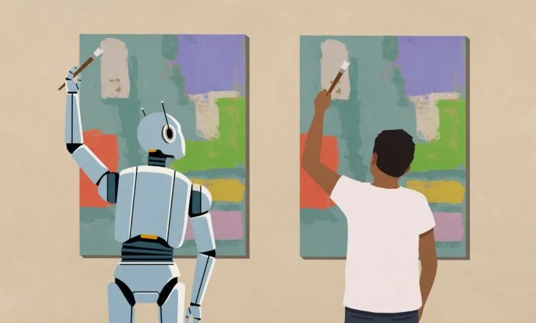 A robot and a person painting abstract art side-by-side.