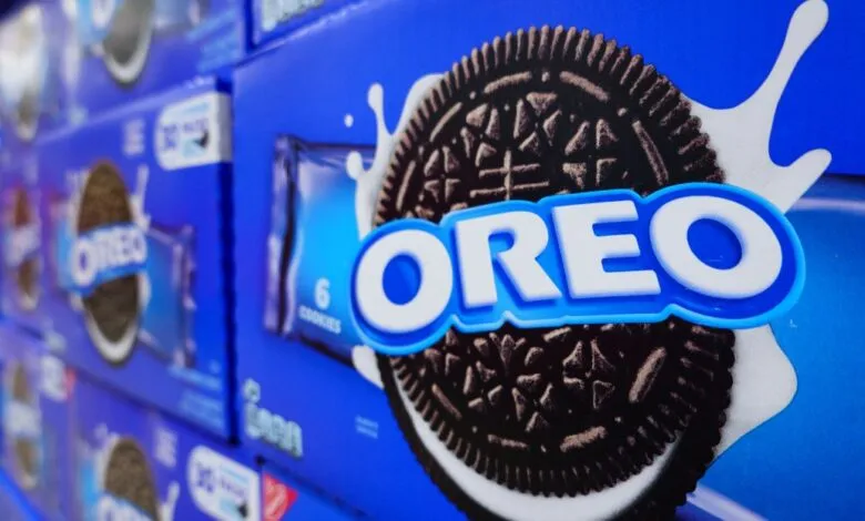 Close-up of Oreo cookie packaging stacked in a store.