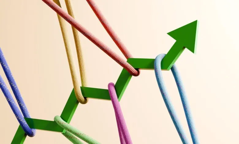 Green arrow pointing upwards, supported by colorful climbing ropes forming a graph.