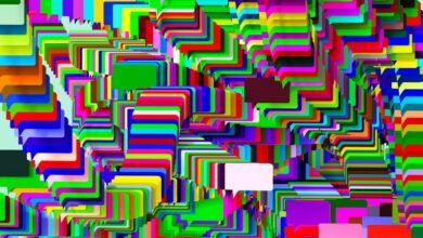 Abstract pattern of colorful speech bubbles and geometric shapes in a chaotic arrangement.