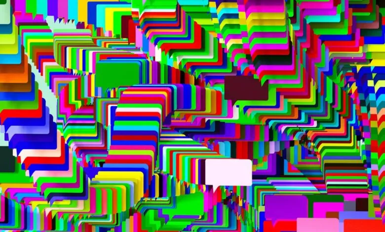 Abstract pattern of colorful speech bubbles and geometric shapes in a chaotic arrangement.