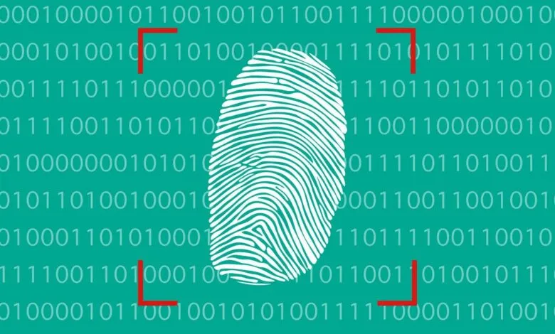 White fingerprint overlayed on a teal background with binary code and red corner markers.
