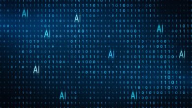 Digital background with binary code and glowing AI text.