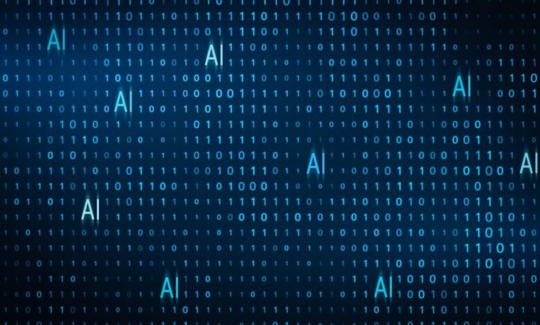 Digital background with binary code and glowing AI text.