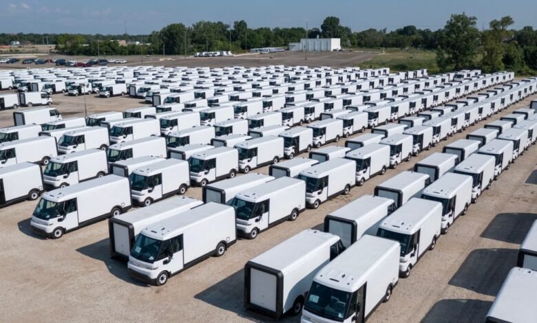 Rows of identical white delivery vans parked in a large lot under a clear sky.