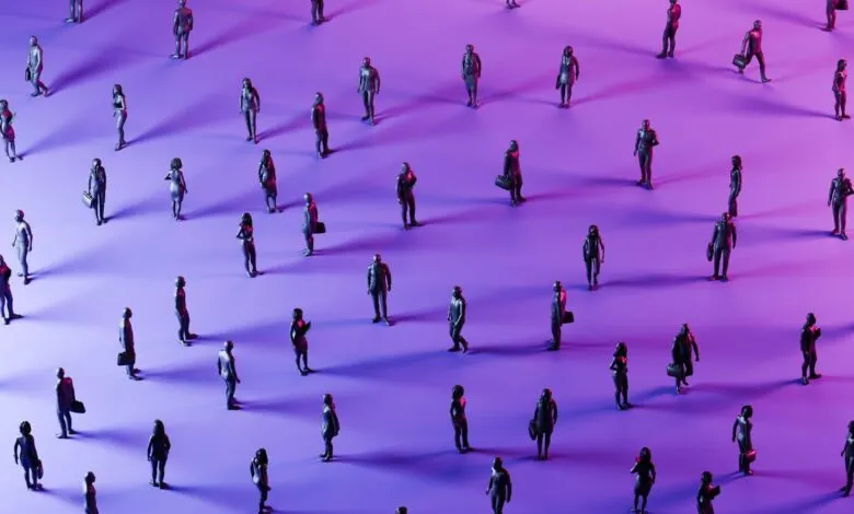 A collection of small, dark figures of people scattered across a purple surface.