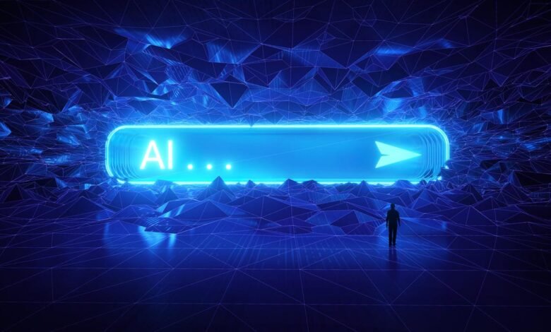 Silhouette of a person standing before a glowing blue AI interface in a futuristic digital landscape.