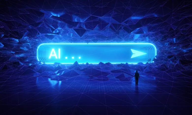 Silhouette of a person standing before a glowing blue AI interface in a futuristic digital landscape.
