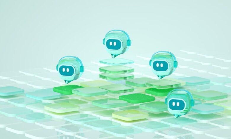 Four cute, translucent blue robots with headphones and two dots for eyes float above a grid of colorful, rounded squares.