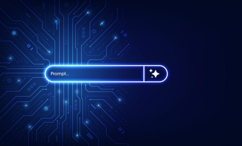 Digital interface with a glowing blue prompt bar on a circuit board background.