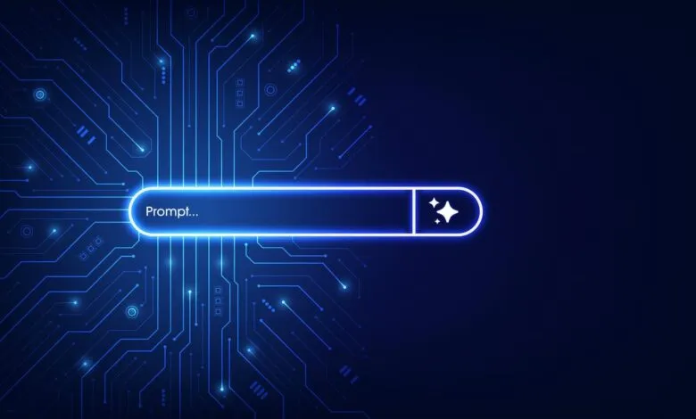 Digital interface with a glowing blue prompt bar on a circuit board background.