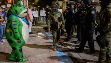Inflatable frog costume stands opposite a line of law enforcement officers in tactical gear.