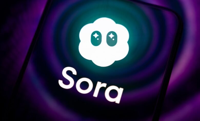 Close-up of the Sora app logo on a smartphone screen with a purple and teal gradient background.