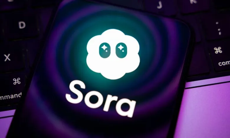 Smartphone displaying the Sora AI logo with a cloud character and text.