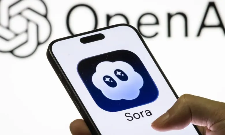 Close-up of a smartphone displaying the Sora app icon, with the OpenAI logo blurred in the background.