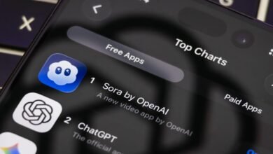 Close-up of a smartphone screen showing app store top charts with Sora by OpenAI at number 1.