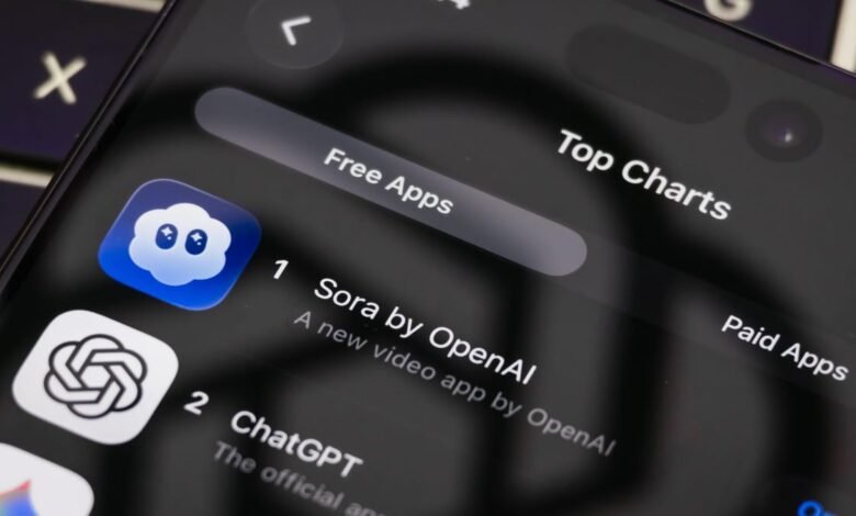 Close-up of a smartphone screen showing app store top charts with Sora by OpenAI at number 1.