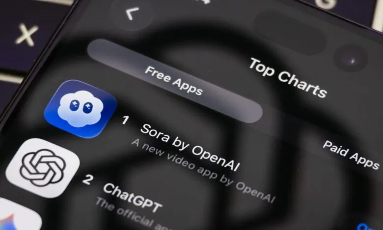 Close-up of a smartphone screen showing app store top charts with Sora by OpenAI at number 1.