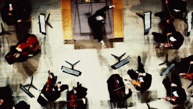 Overhead view of an orchestra conductor leading musicians playing violins and cellos.