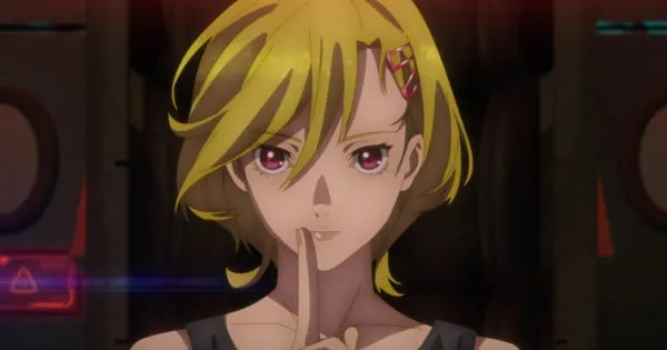 Anime character with short blonde hair and pink eyes, holding a finger to her lips.