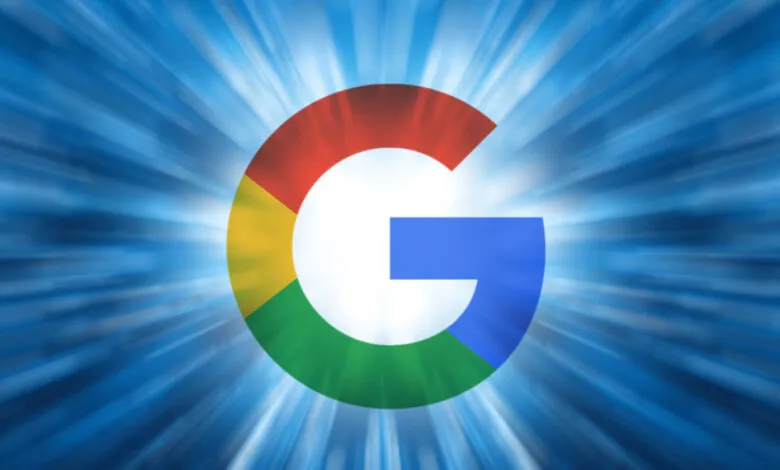 The Google logo with its iconic colors against a dynamic blue radial background.