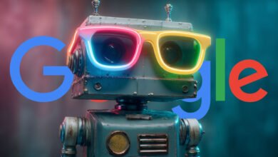 A retro-style robot wearing neon-lit glasses in front of the Google logo.