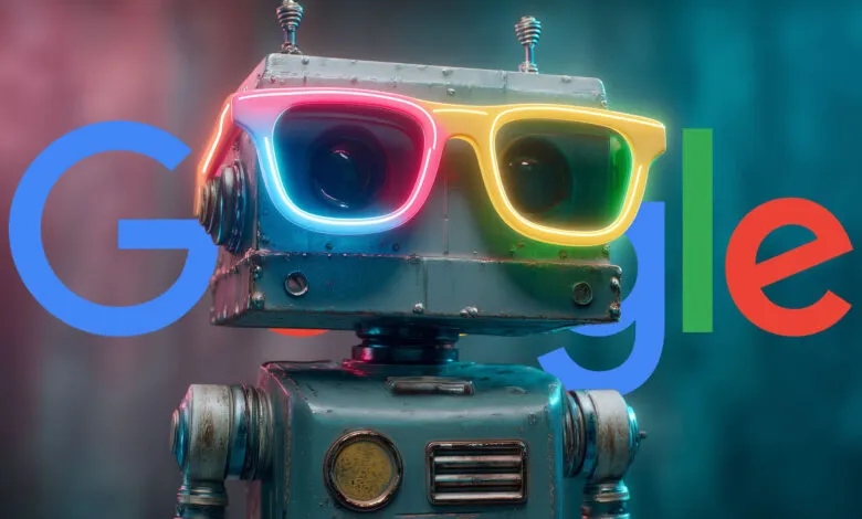 A retro-style robot wearing neon-lit glasses in front of the Google logo.