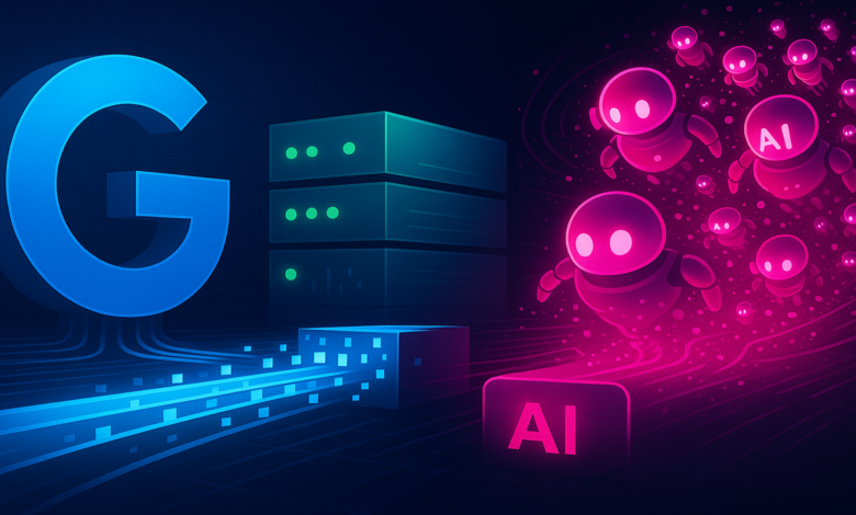 Google logo and AI robots with server stacks in a futuristic digital landscape.