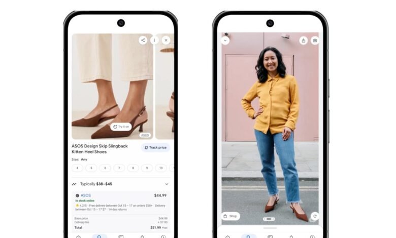 Woman trying on brown kitten heel shoes using a smartphone AR feature.