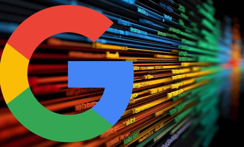 The Google logo partially overlays a digital stream of data with colorful lines.