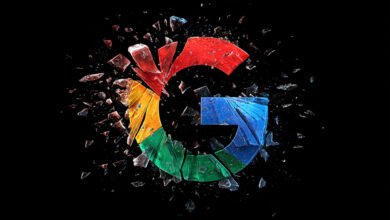 The Google logo shattering into pieces against a black background.