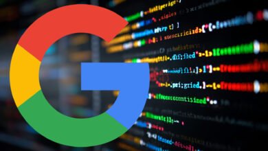 The Google logo overlaid on a dark background displaying colorful lines of code.