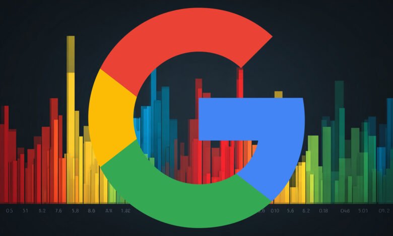 Google logo overlaid on a colorful bar graph with a dark background.