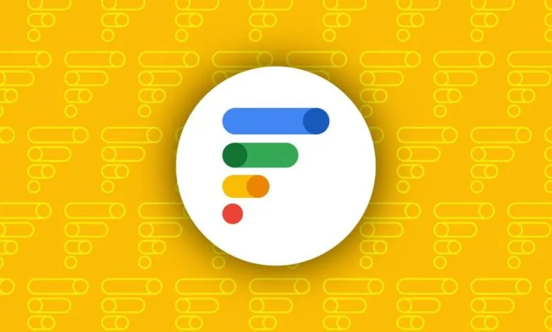 Google Fi logo with colorful bars on a yellow background with a repeating pattern.