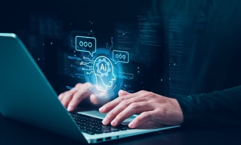 Person typing on a laptop with an AI interface overlayed