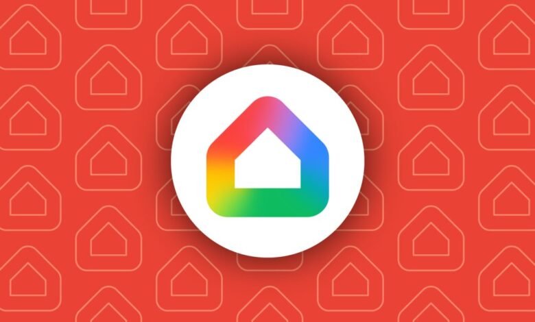 Google Home logo with rainbow gradient on a red background with house icons.
