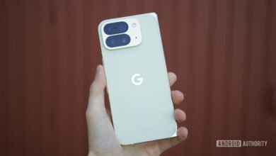 Close-up of a light green Google Pixel phone held in a hand, showing the camera array and Google logo.