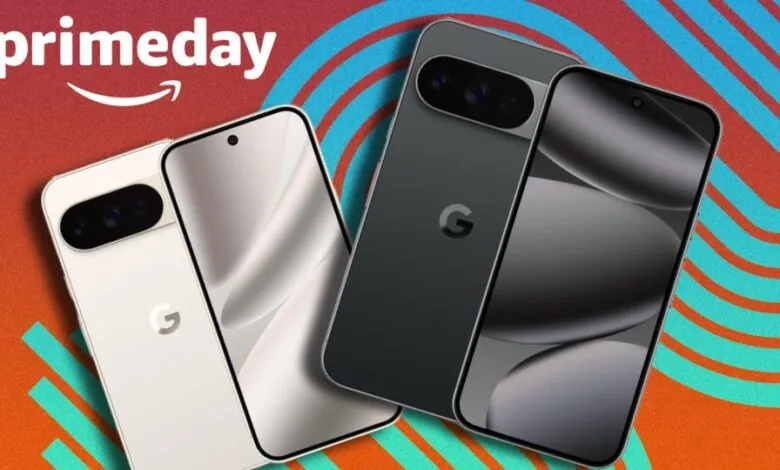 Google Pixel phones displayed with the Amazon Prime Day logo.