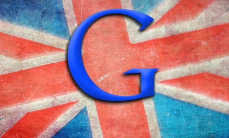 Blue Google 'G' logo superimposed on a distressed Union Jack flag.