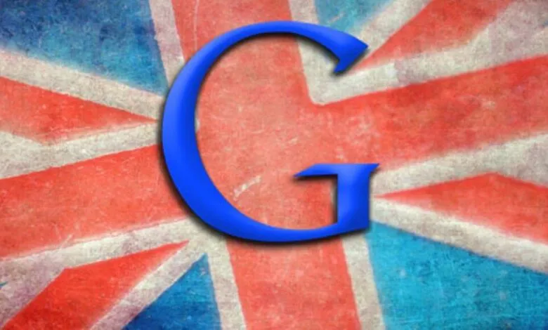 Blue Google 'G' logo superimposed on a distressed Union Jack flag.