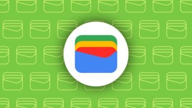 Google Wallet logo with colorful stacked cards on a green background with wallet icons.