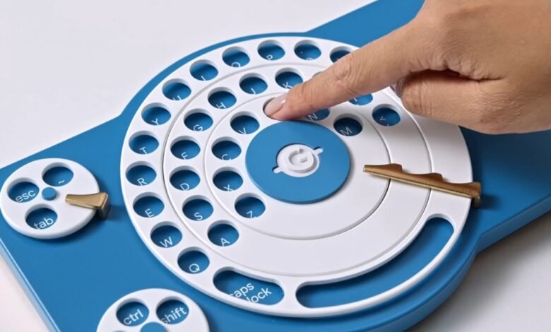 Close-up of a finger pressing a button on a rotary dial keyboard.