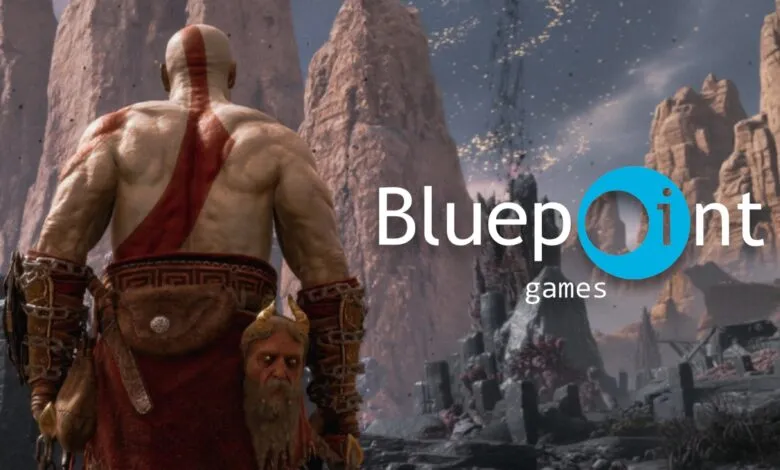 Kratos from God of War stands with his back to the viewer, facing a rocky landscape.