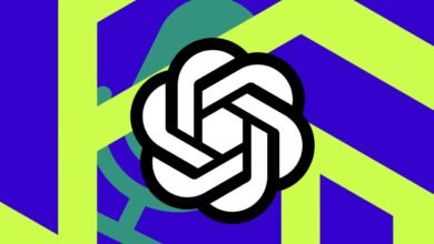 OpenAI logo in white and black against a vibrant geometric background of blue and lime green.