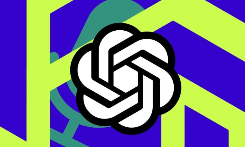 OpenAI logo in white and black against a vibrant geometric background of blue and lime green.