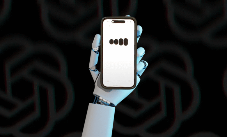 Robotic hand holding a smartphone displaying a loading or progress indicator.