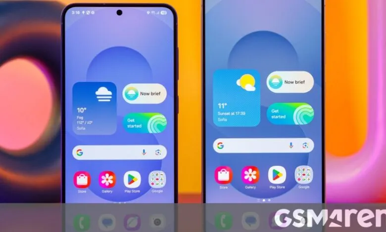 Two smartphones displaying a modern Android interface with weather widgets and app icons.