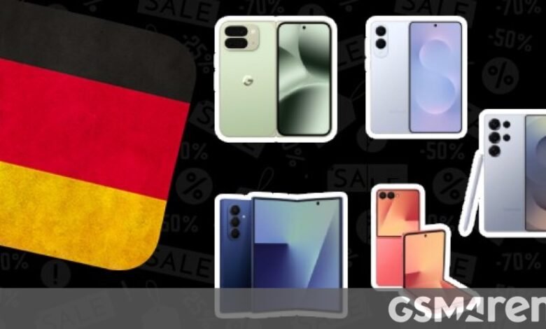 Collage of various smartphones with the German flag and sale graphics.