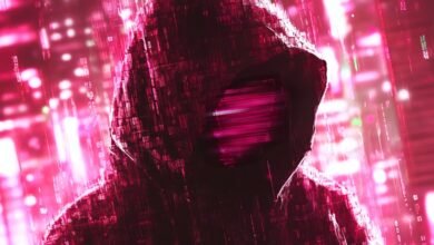 A hooded figure in a digital world, with pink binary code and city lights.